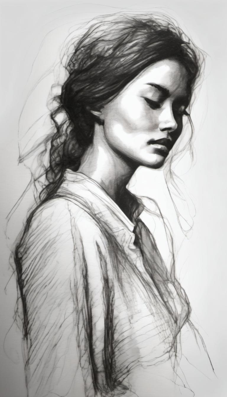 Sketch,Sketch, People, woman, 1girl, solo, monochrome, greyscale, realistic, closed eyes, braid, sketch