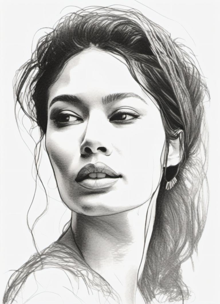 Sketch,Sketch, People, woman, solo, monochrome, greyscale, realistic, portrait, male focus, lips, long hair