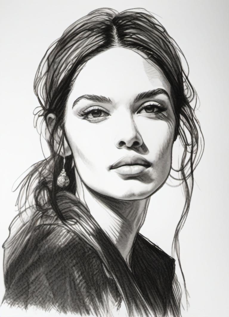 Sketch,Sketch, People, woman, monochrome, greyscale, solo, long hair, realistic, portrait, closed mouth