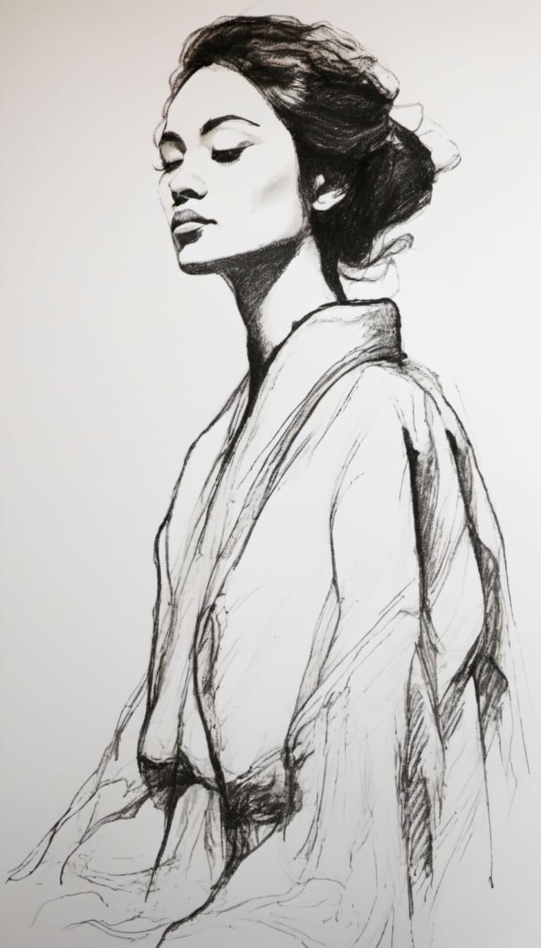 Sketch,Sketch, People, woman, 1girl, solo, monochrome, closed eyes, greyscale, japanese clothes, upper body