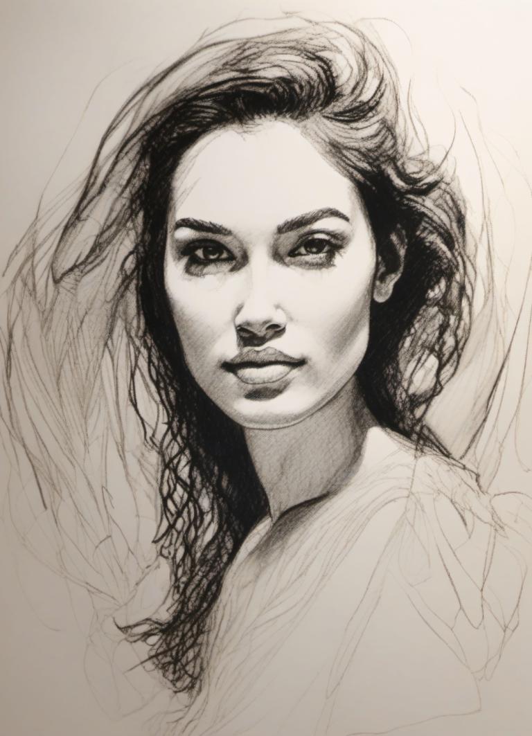 Sketch,Sketch, People, woman, solo, monochrome, 1girl, long hair, realistic, greyscale, looking at viewer