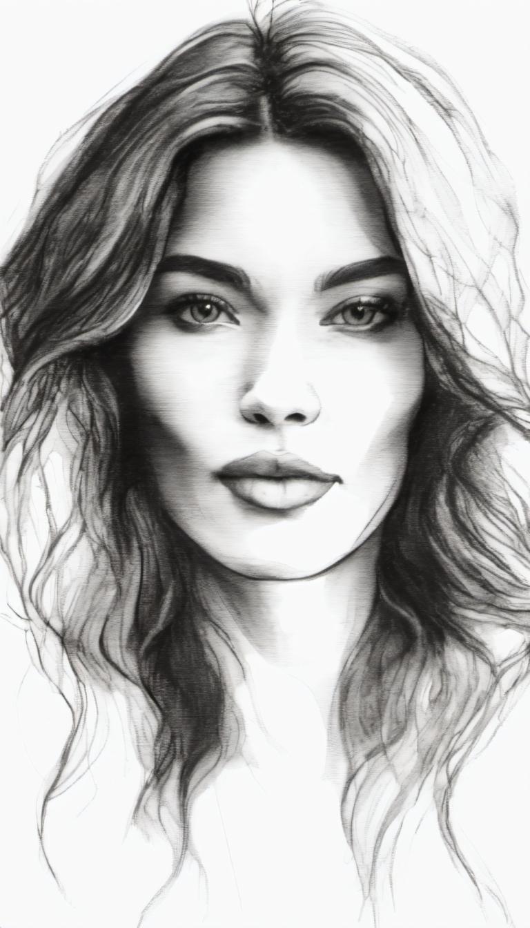 Sketch,Sketch, People, woman, 1girl, monochrome, solo, greyscale, realistic, lips, portrait, long hair