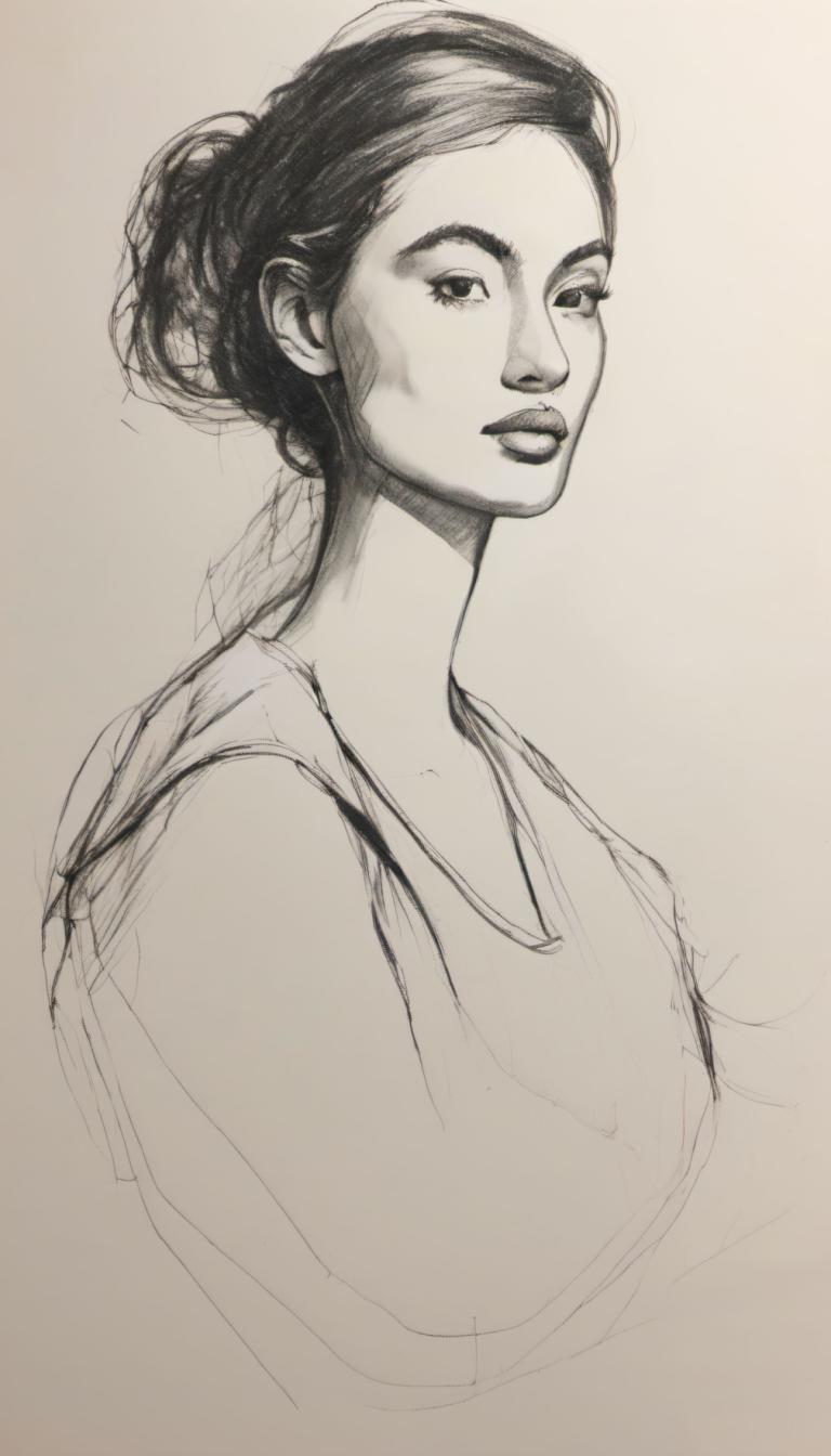 Sketch,Sketch, People, woman, 1girl, solo, monochrome, sketch, upper body, looking at viewer, lips