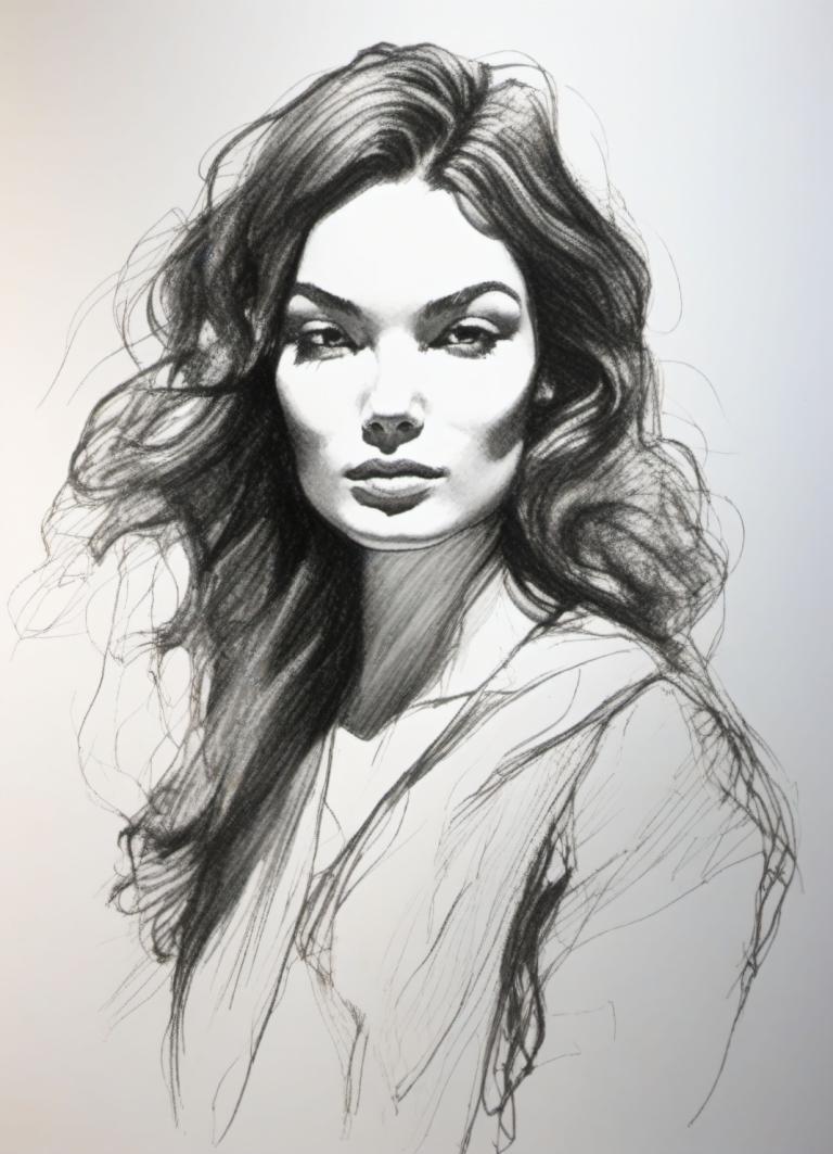 Sketch,Sketch, People, woman, solo, monochrome, 1girl, long hair, greyscale, traditional media, sketch