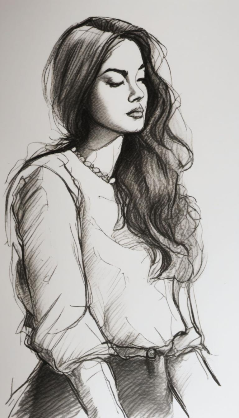 Sketch,Sketch, People, woman, 1girl, solo, monochrome, long hair, closed eyes, greyscale, necklace, sketch