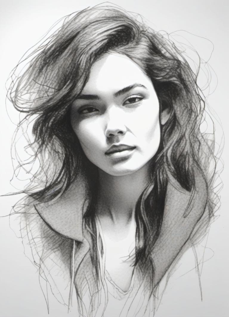 Sketch,Sketch, People, woman, solo, monochrome, greyscale, long hair, realistic, 1girl, looking at viewer