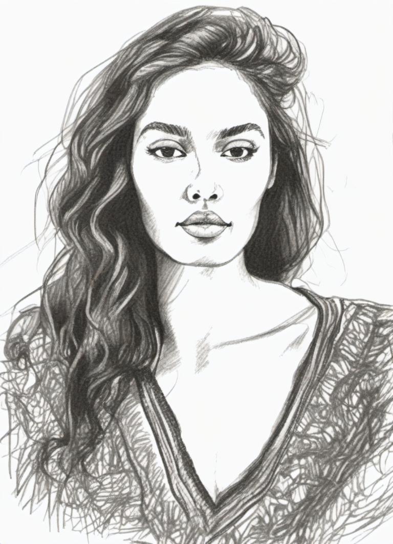 Sketch,Sketch, People, woman, solo, monochrome, 1girl, greyscale, long hair, lips, traditional media