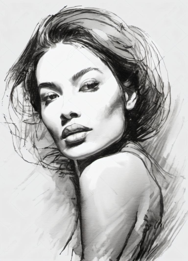 Sketch,Sketch, People, woman, solo, monochrome, greyscale, 1girl, realistic, lips, looking at viewer, sketch