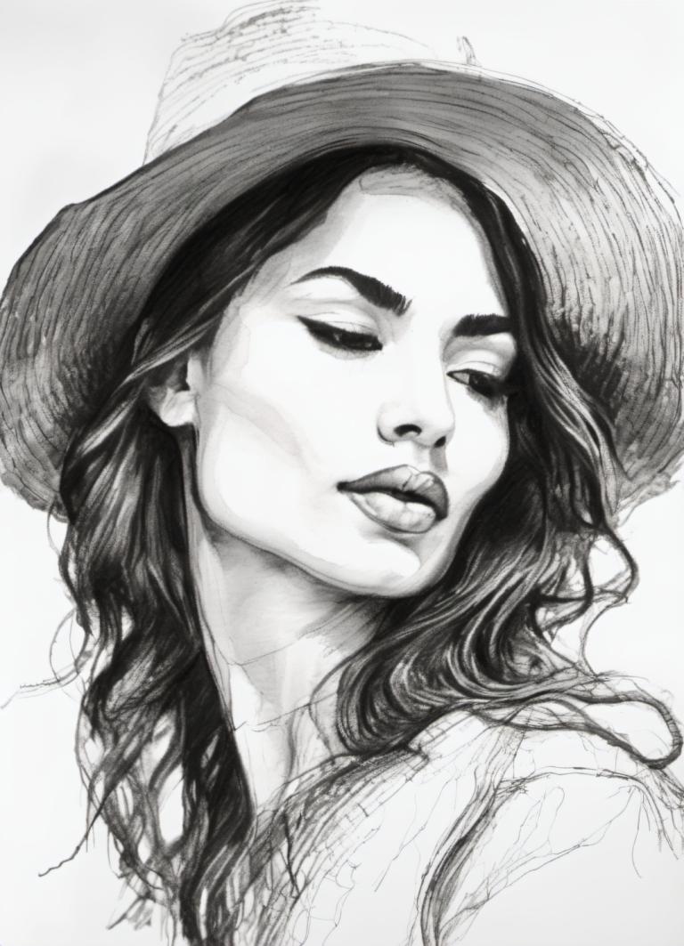 Sketch,Sketch, People, woman, solo, monochrome, hat, greyscale, long hair, 1girl, realistic, portrait, tongue