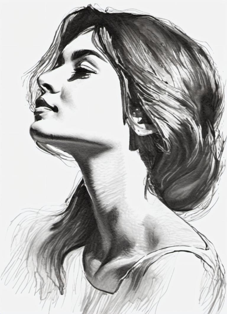 Sketch,Sketch, People, woman, greyscale, solo, monochrome, 1girl, long hair, realistic, simple background