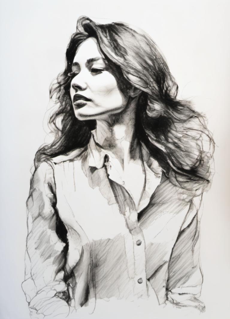 Sketch,Sketch, People, woman, solo, monochrome, long hair, greyscale, male focus, traditional media, shirt