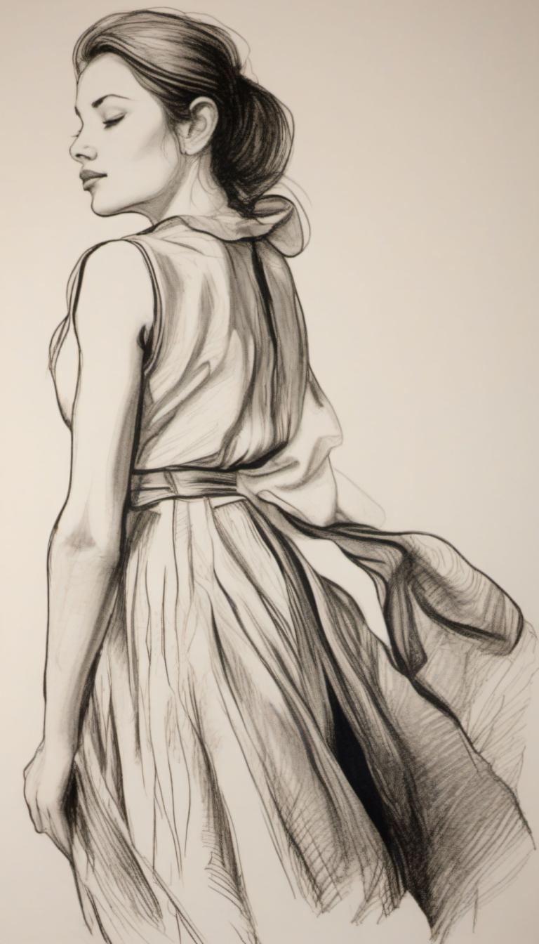 Croquis,Croquis, Personnes, femme, 1fille, solo, monochrome, yeux fermés, robe, médias traditionnels