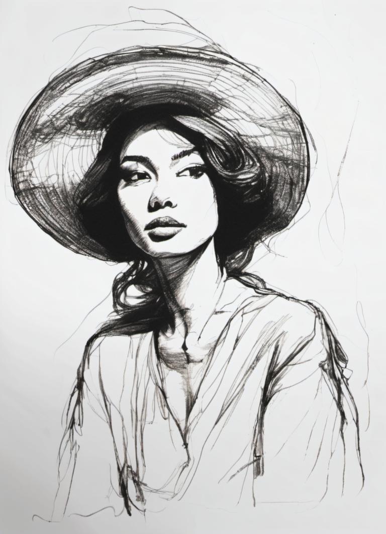 Sketch,Sketch, People, woman, solo, monochrome, 1girl, greyscale, hat, upper body, sketch, traditional media