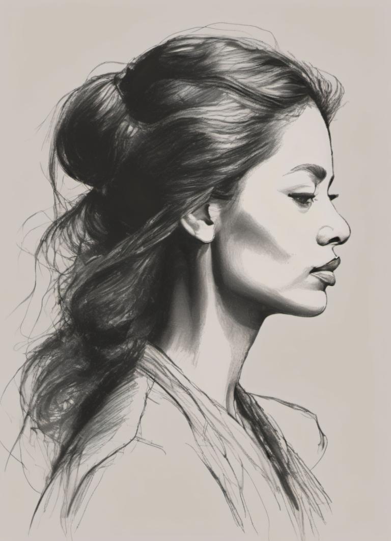 Sketch,Sketch, People, woman, solo, 1girl, monochrome, realistic, greyscale, long hair, nose, lips, profile