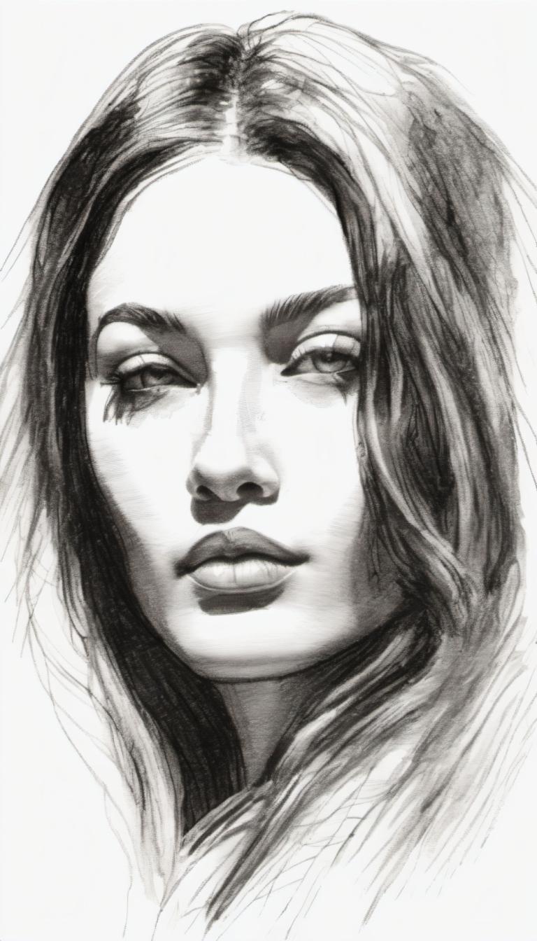 Sketch,Sketch, People, woman, solo, monochrome, greyscale, long hair, realistic, portrait, simple background