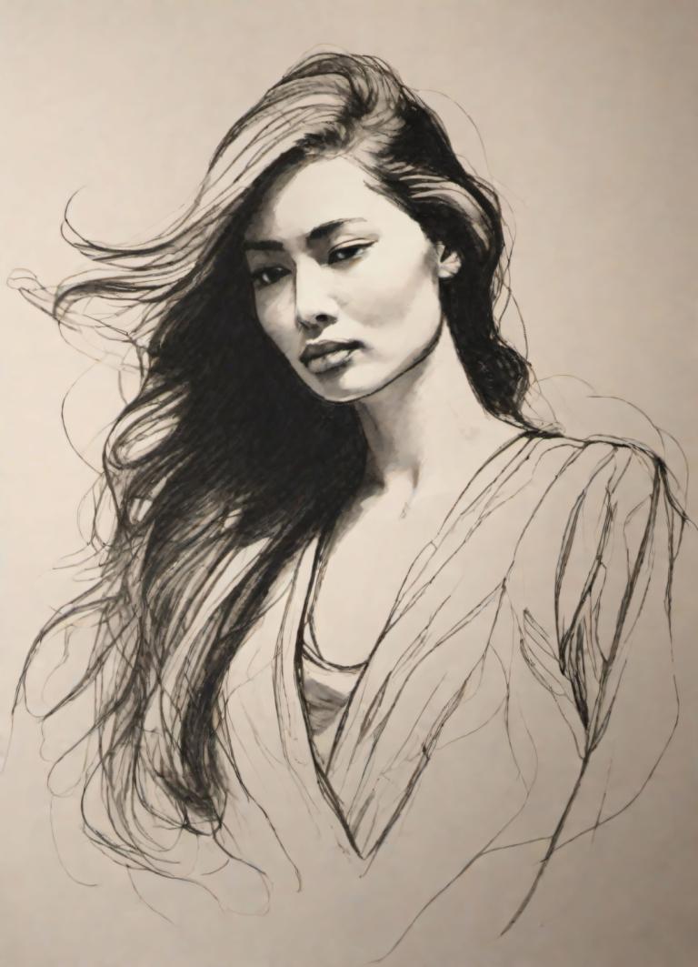 Sketch,Sketch, People, woman, 1girl, solo, long hair, monochrome, traditional media, upper body, sketch, lips