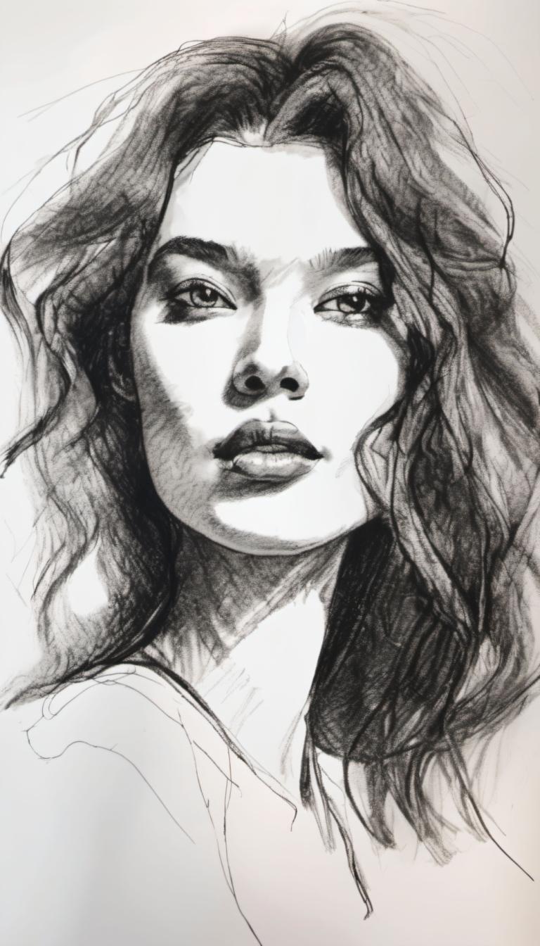 Sketch,Sketch, People, woman, solo, monochrome, 1girl, greyscale, long hair, traditional media, realistic