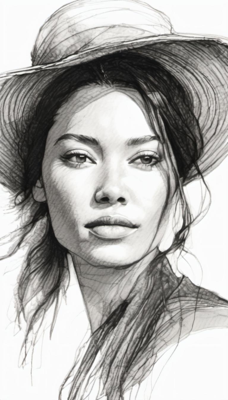 Sketch,Sketch, People, woman, solo, monochrome, greyscale, hat, realistic, 1girl, portrait, sketch, lips