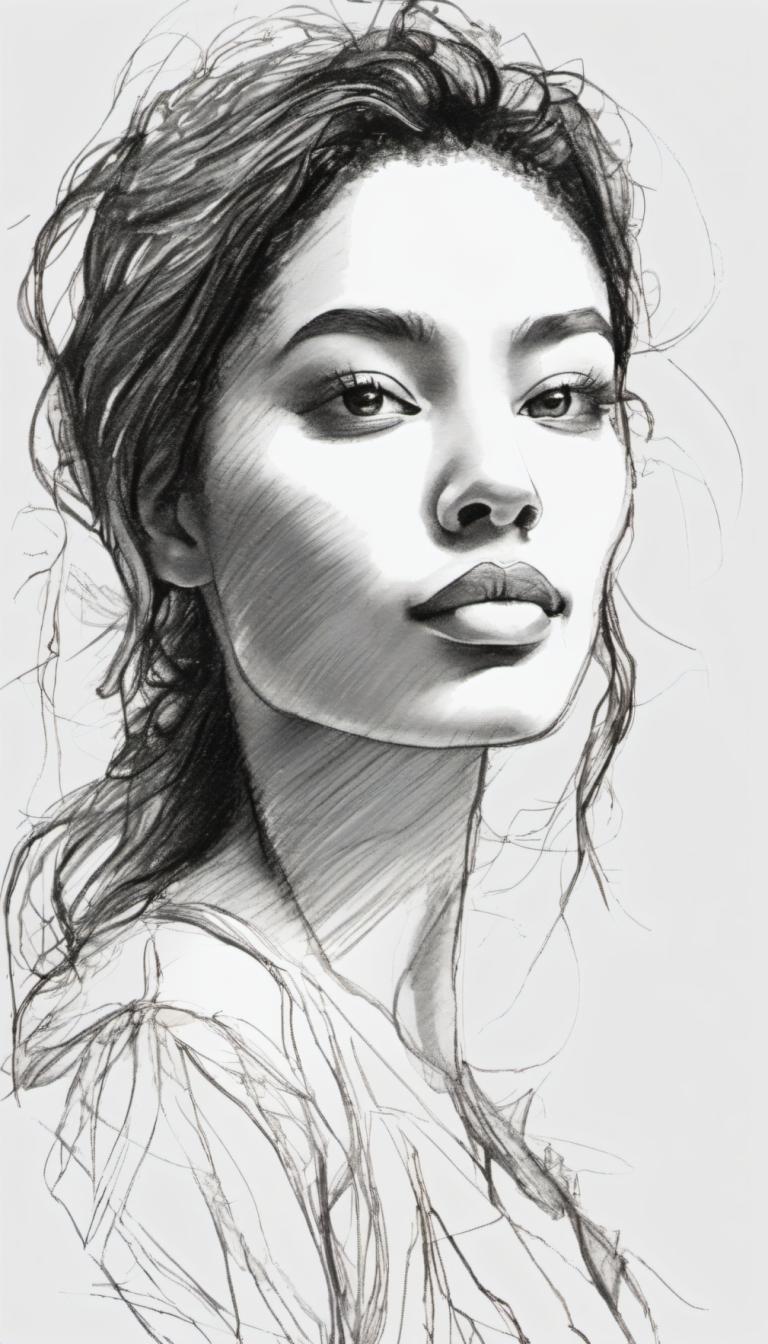 Sketch,Sketch, People, woman, solo, monochrome, greyscale, 1girl, sketch, realistic, looking at viewer, lips