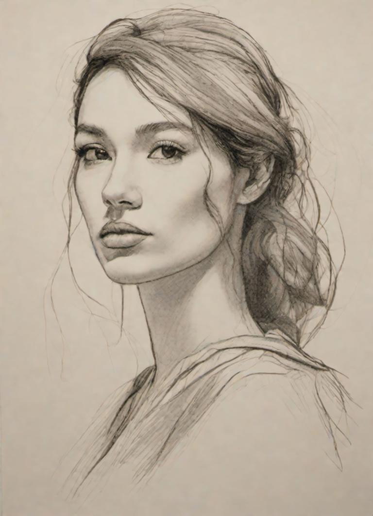 Sketch,Sketch, People, woman, 1girl, solo, monochrome, realistic, traditional media, long hair, lips