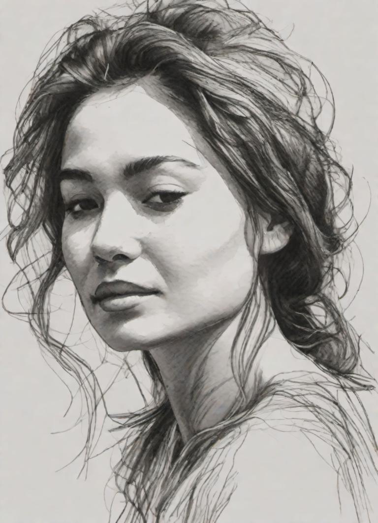 Sketch,Sketch, People, woman, solo, monochrome, greyscale, realistic, long hair, portrait, sketch