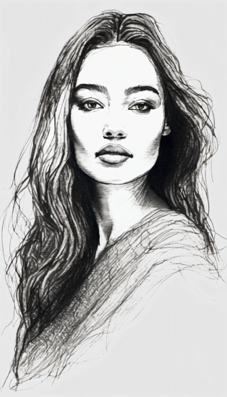 Sketch,Sketch, People, woman, 1girl, monochrome, solo, greyscale, long hair, realistic, lips