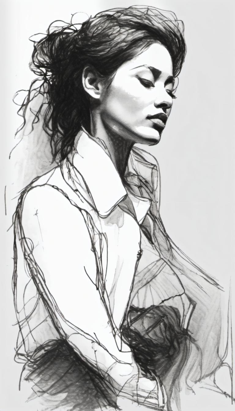 Sketch,Sketch, People, woman, monochrome, greyscale, solo, realistic, closed eyes, sketch, 1girl, male focus