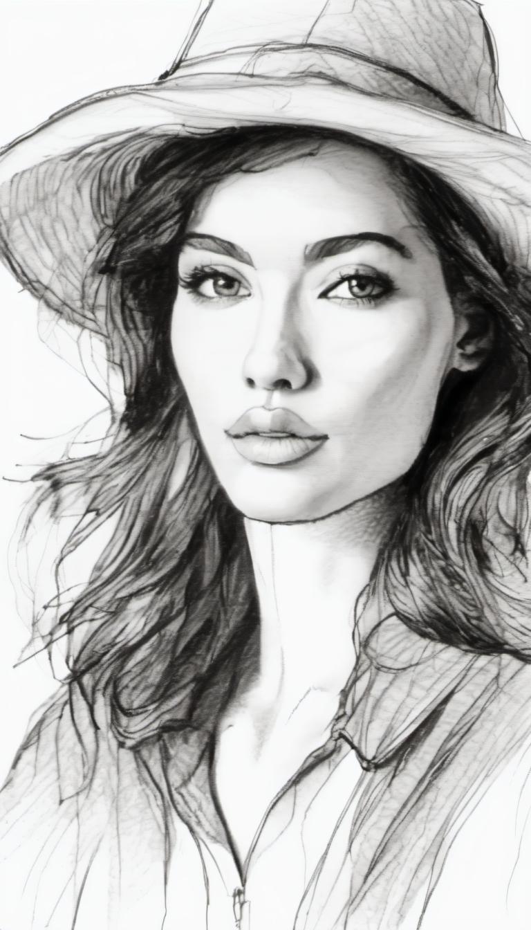 Sketch,Sketch, People, woman, 1girl, solo, monochrome, greyscale, hat, realistic, lips, sketch, long hair