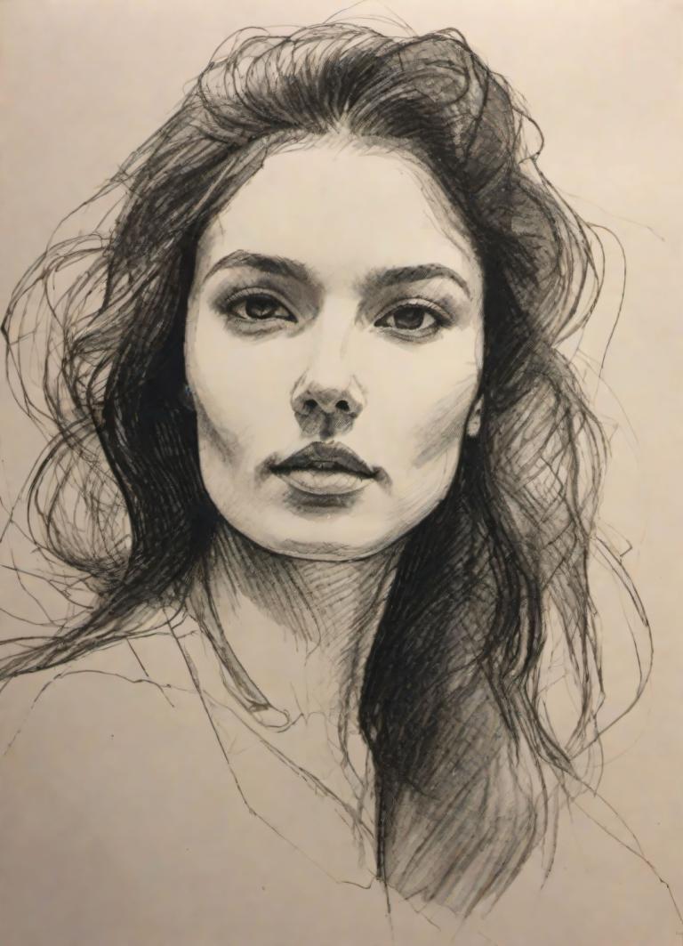 Sketch,Sketch, People, woman, solo, monochrome, 1girl, long hair, traditional media, realistic