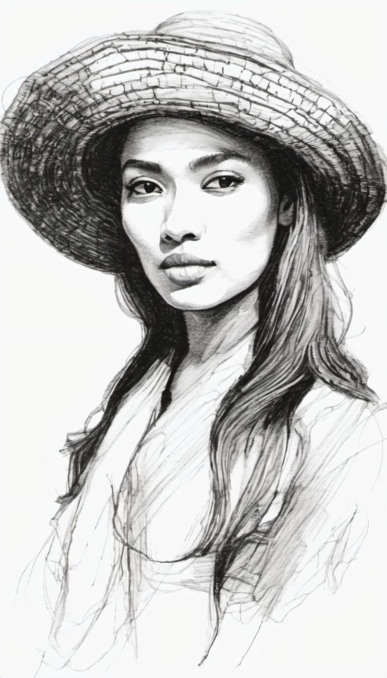 Sketch,Sketch, People, woman, solo, monochrome, hat, realistic, greyscale, long hair, 1girl, sketch, lips