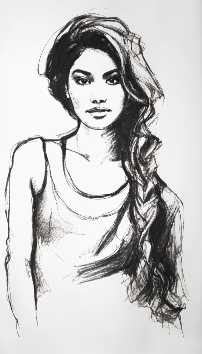 Sketch,Sketch, People, woman, 1girl, solo, monochrome, long hair, braid, greyscale, single braid