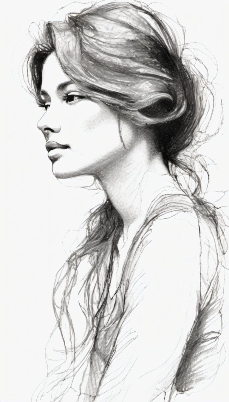 Sketch,Sketch, People, woman, 1girl, solo, monochrome, greyscale, realistic, traditional media, long hair