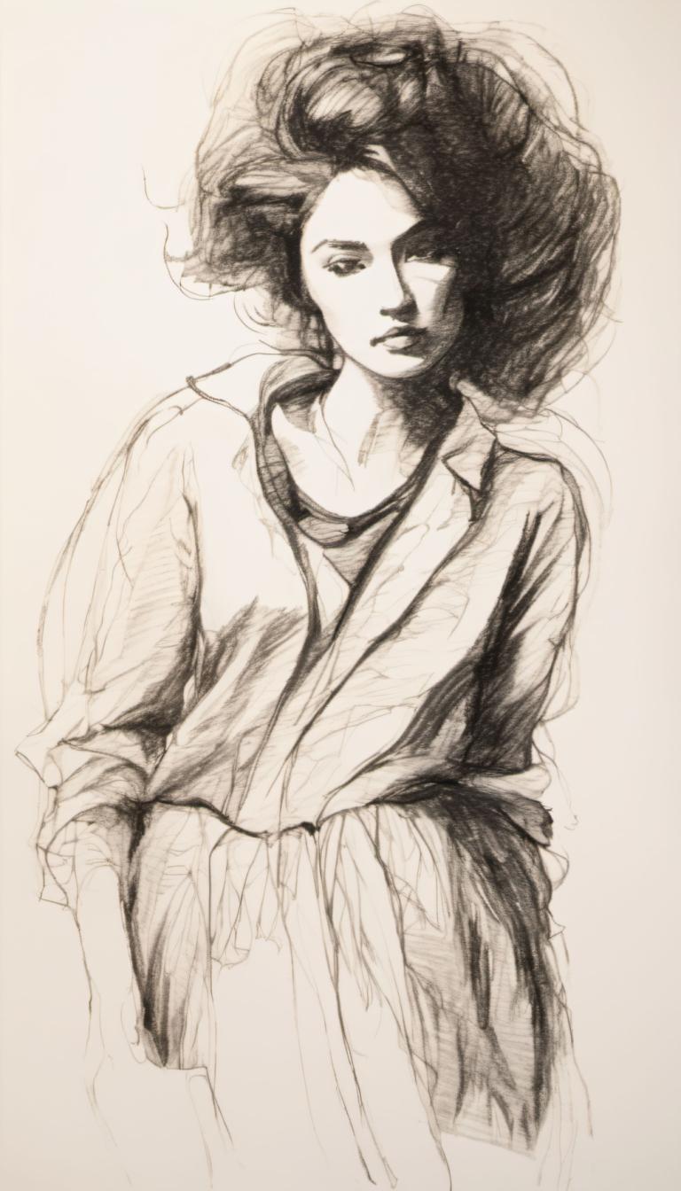 Sketch,Sketch, People, woman, 1girl, solo, monochrome, hair over one eye, hands in pockets, sketch