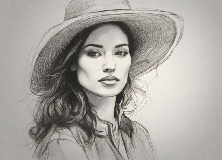 Sketch,Sketch, People, woman, 1girl, solo, monochrome, hat, greyscale, realistic, long hair