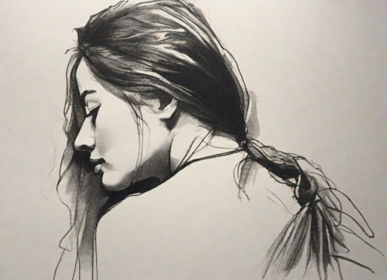 Sketch,Sketch, People, woman, solo, monochrome, long hair, greyscale, profile, traditional media, portrait