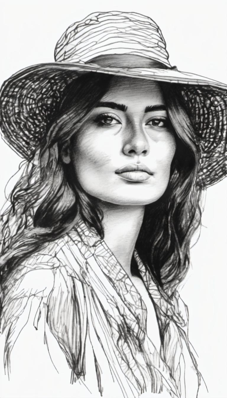 Sketch,Sketch, People, woman, 1girl, solo, monochrome, greyscale, hat, realistic, long hair