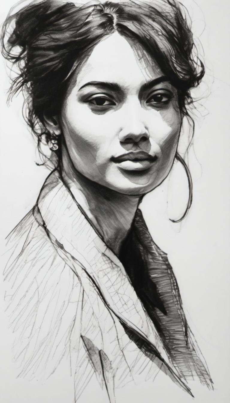 Sketch,Sketch, People, woman, monochrome, solo, greyscale, jewelry, earrings, realistic, male focus