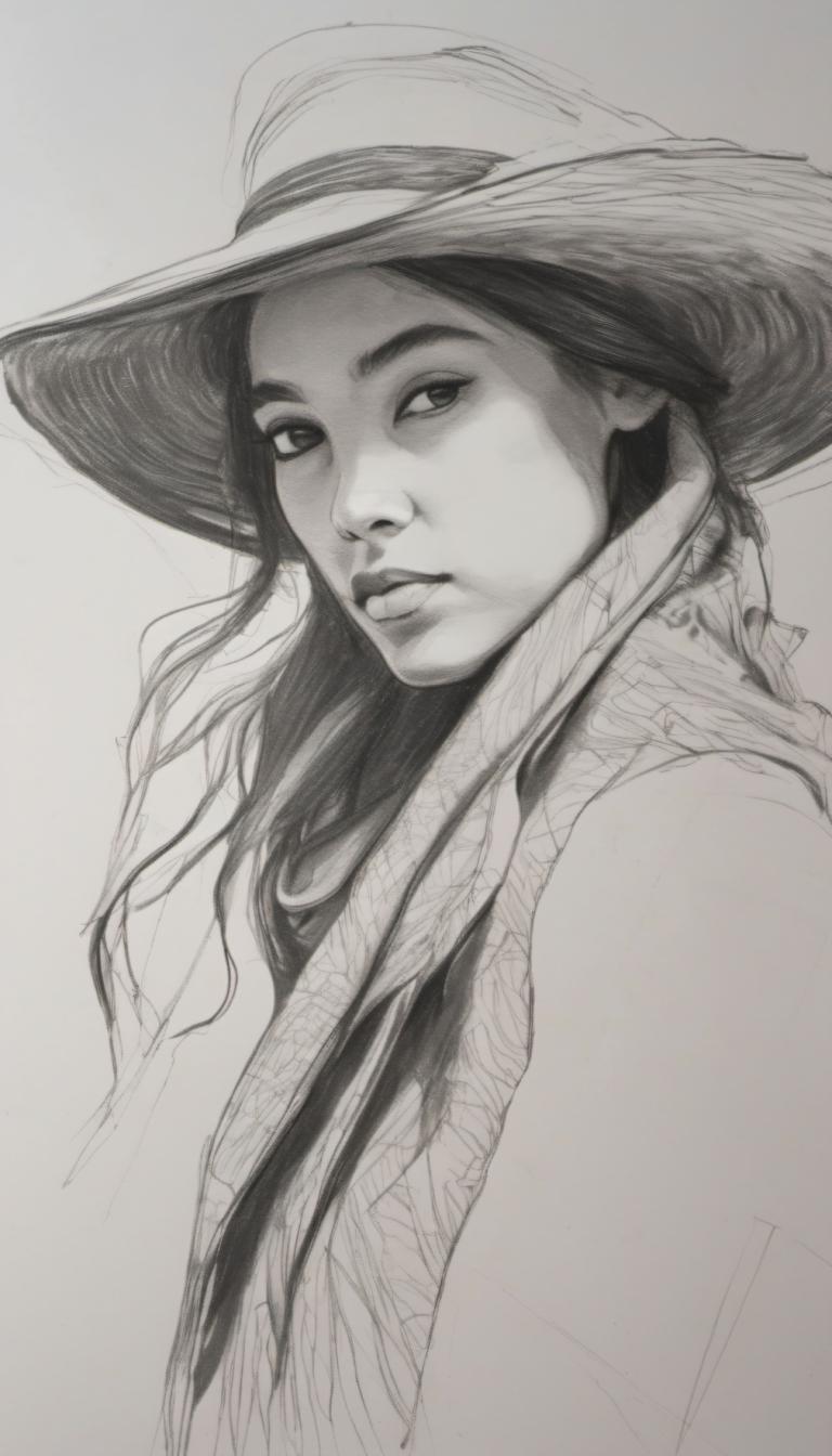 Sketch,Sketch, People, woman, solo, monochrome, hat, greyscale, long hair, realistic, 1girl