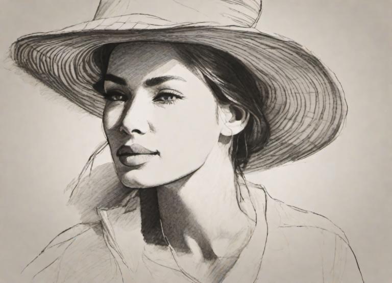 Sketch,Sketch, People, woman, hat, solo, monochrome, greyscale, 1girl, traditional media, portrait, realistic