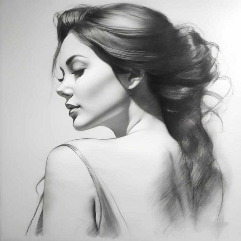 Sketch,Sketch, People, woman, 1girl, solo, monochrome, greyscale, long hair, realistic, looking back, lips