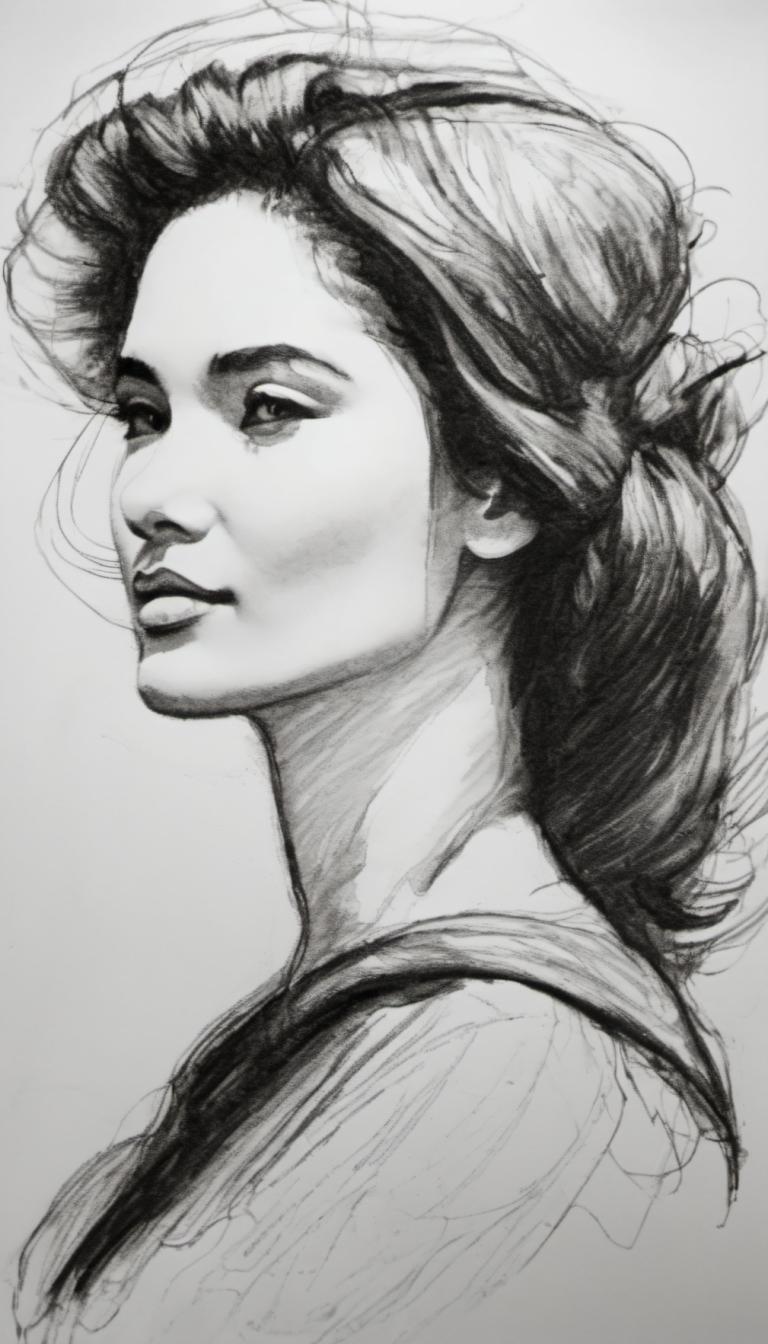 Sketch,Sketch, People, woman, solo, monochrome, 1girl, greyscale, sketch, realistic, traditional media