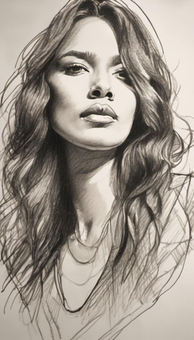 Sketch,Sketch, People, woman, solo, monochrome, 1girl, long hair, greyscale, realistic, portrait