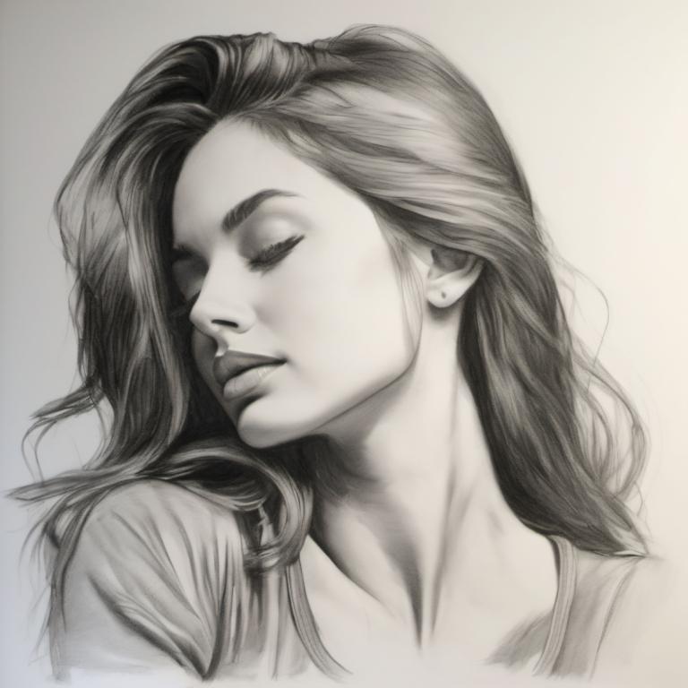 Sketch,Sketch, People, woman, solo, 1girl, monochrome, greyscale, long hair, closed eyes, realistic, lips