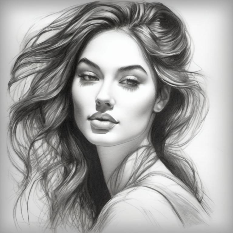 Sketch,Sketch, People, woman, greyscale, monochrome, 1girl, solo, long hair, realistic, looking at viewer