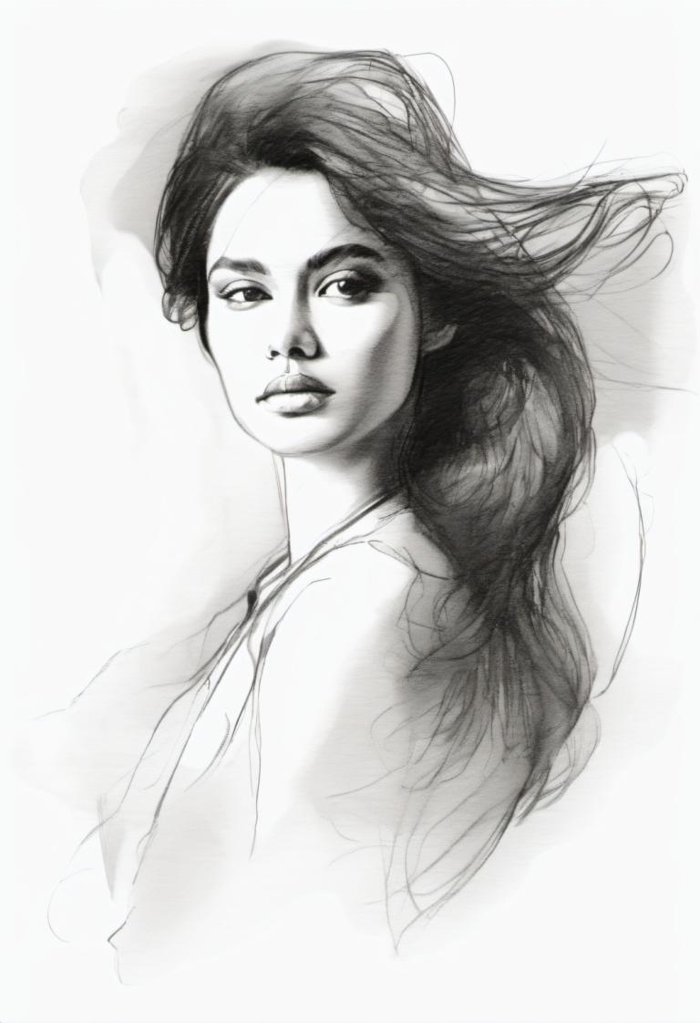 Sketch,Sketch, People, woman, solo, monochrome, 1girl, long hair, greyscale, realistic, lips, sketch