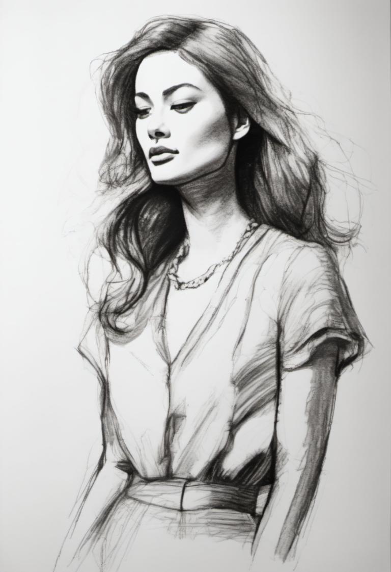 Sketch,Sketch, People, woman, 1girl, solo, monochrome, greyscale, long hair, necklace, jewelry, realistic