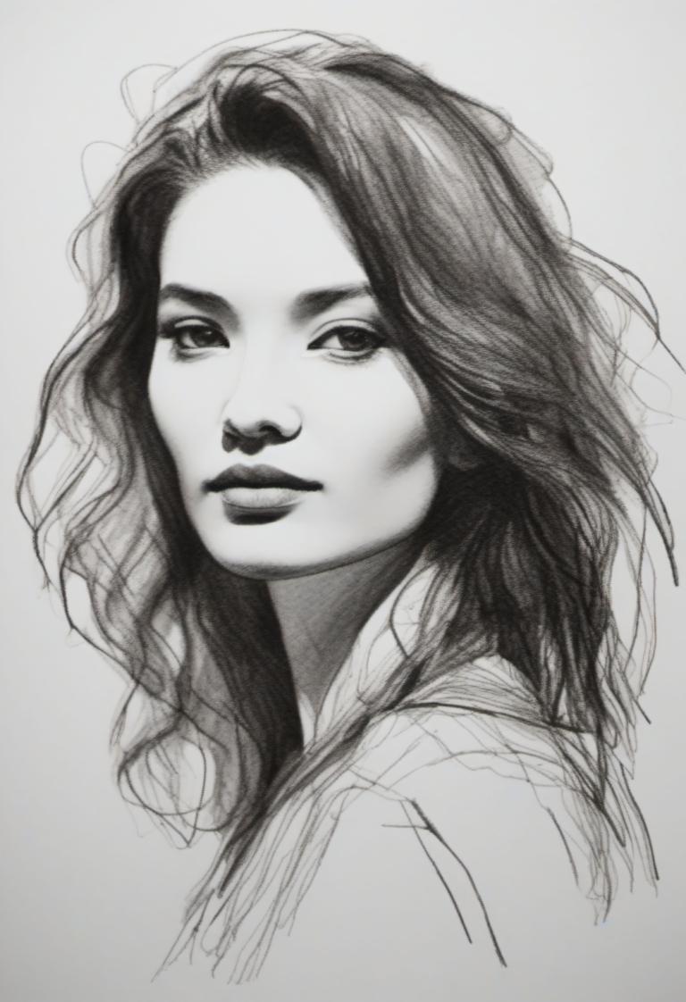 Sketch,Sketch, People, woman, monochrome, greyscale, solo, 1girl, long hair, realistic, looking at viewer