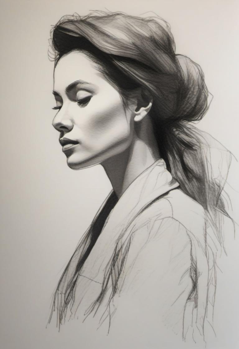 Sketch,Sketch, People, woman, 1girl, solo, monochrome, long hair, greyscale, traditional media, nose