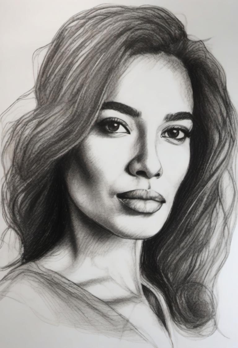 Sketch,Sketch, People, woman, solo, monochrome, 1girl, greyscale, realistic, long hair, traditional media