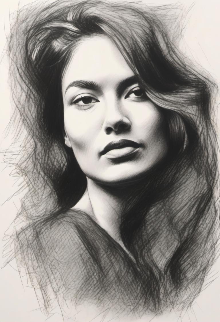 Sketch,Sketch, People, woman, solo, monochrome, 1girl, greyscale, long hair, realistic, portrait, sketch